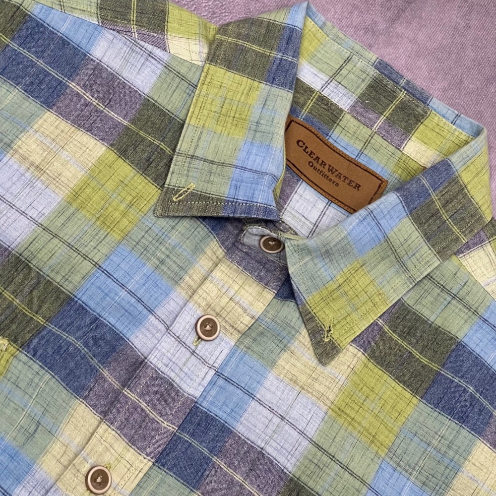 Clearwater Outfitters Shirt Mens Large Green Blue Plaid Cotton Short Sleeve Exc
